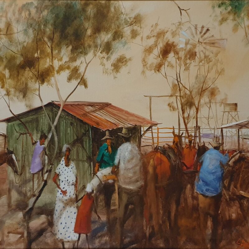 Hugh Sawrey (1919 - 1999) 'Packing for the Muster - Brunette NT'