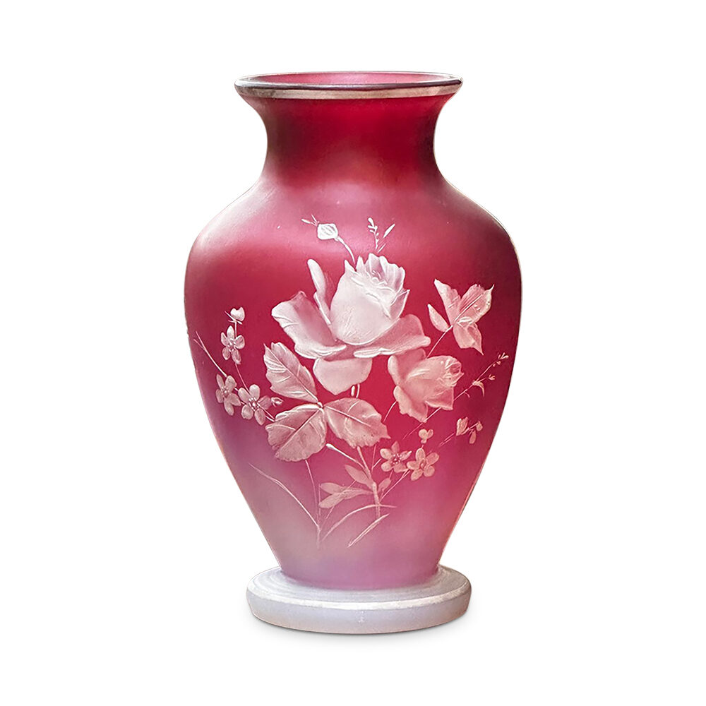 19th Century Ruby Baluster Shape Floral Enameled Vase, c.1880