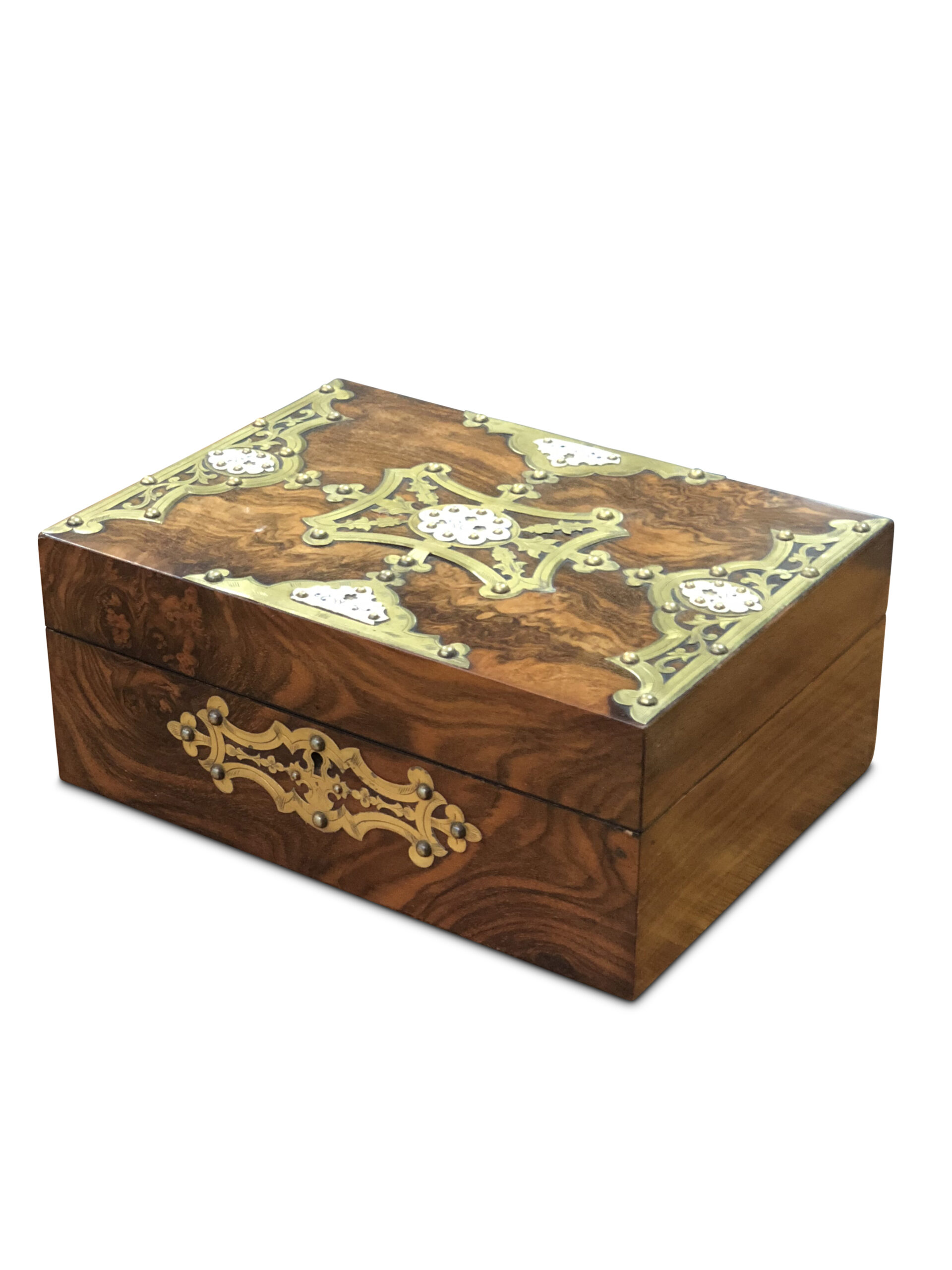 64007 Victorian Burr Walnut Sewing Box with Decorative Bone and Brass Mounts scaled
