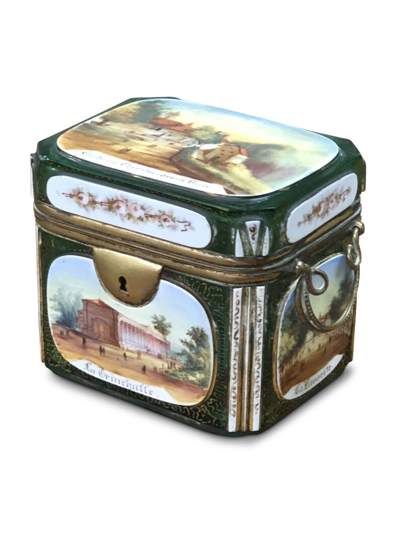 European 19th-Century Green Overlay Hand-Painted Casket, c.1860