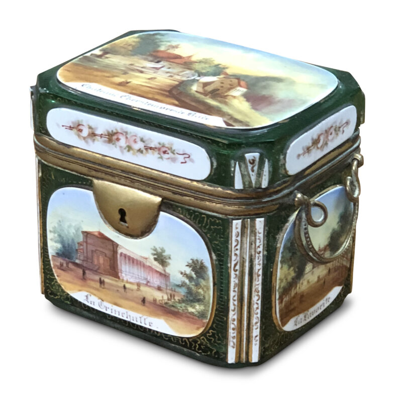 European 19th-Century Green Overlay Hand-Painted Casket, c.1860