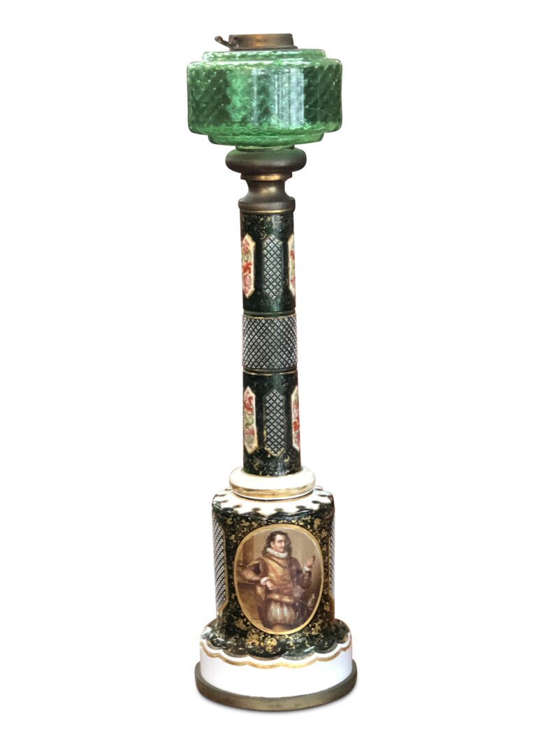 19th-Century European Green Overlay Glass Lamp Base with Cameo Portrait, c.1860