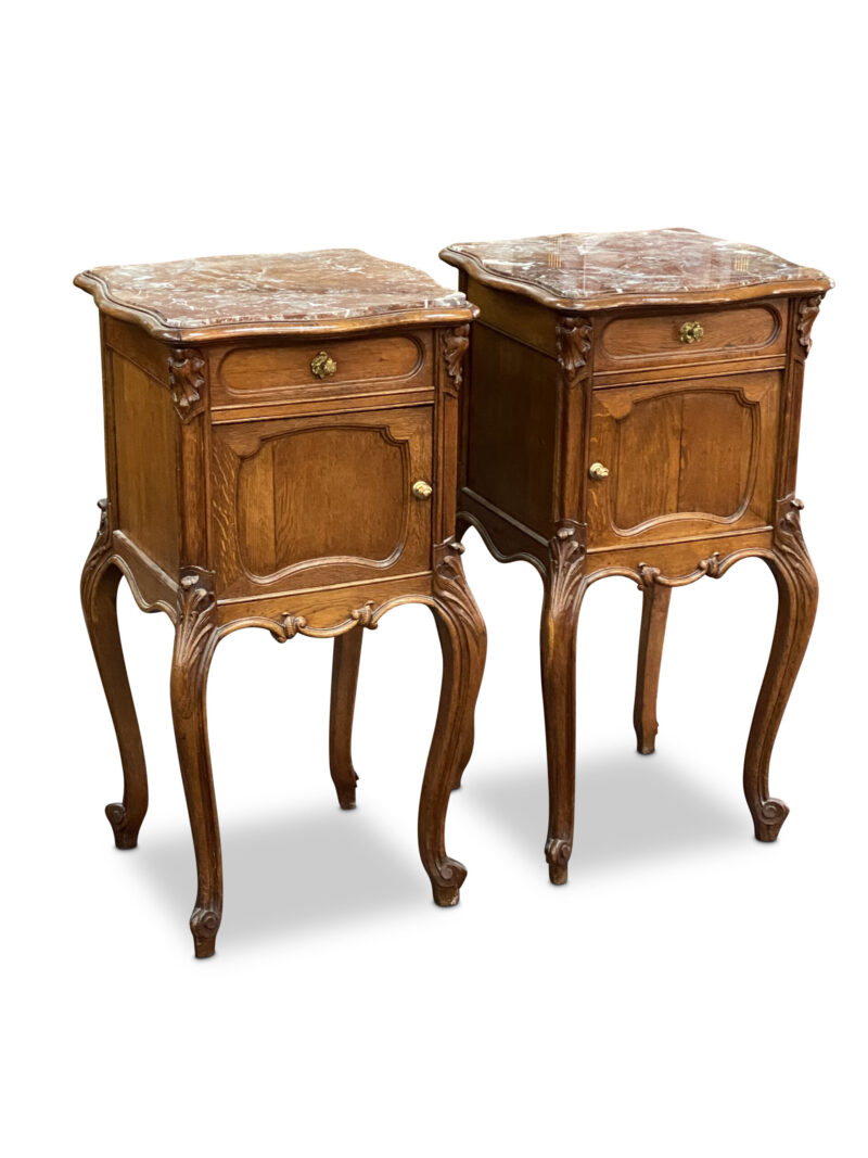 7275 Pair of French Louis XV Style Oak Marble Top Bedside Cabinets with Single Drawer c.1900 scaled 1