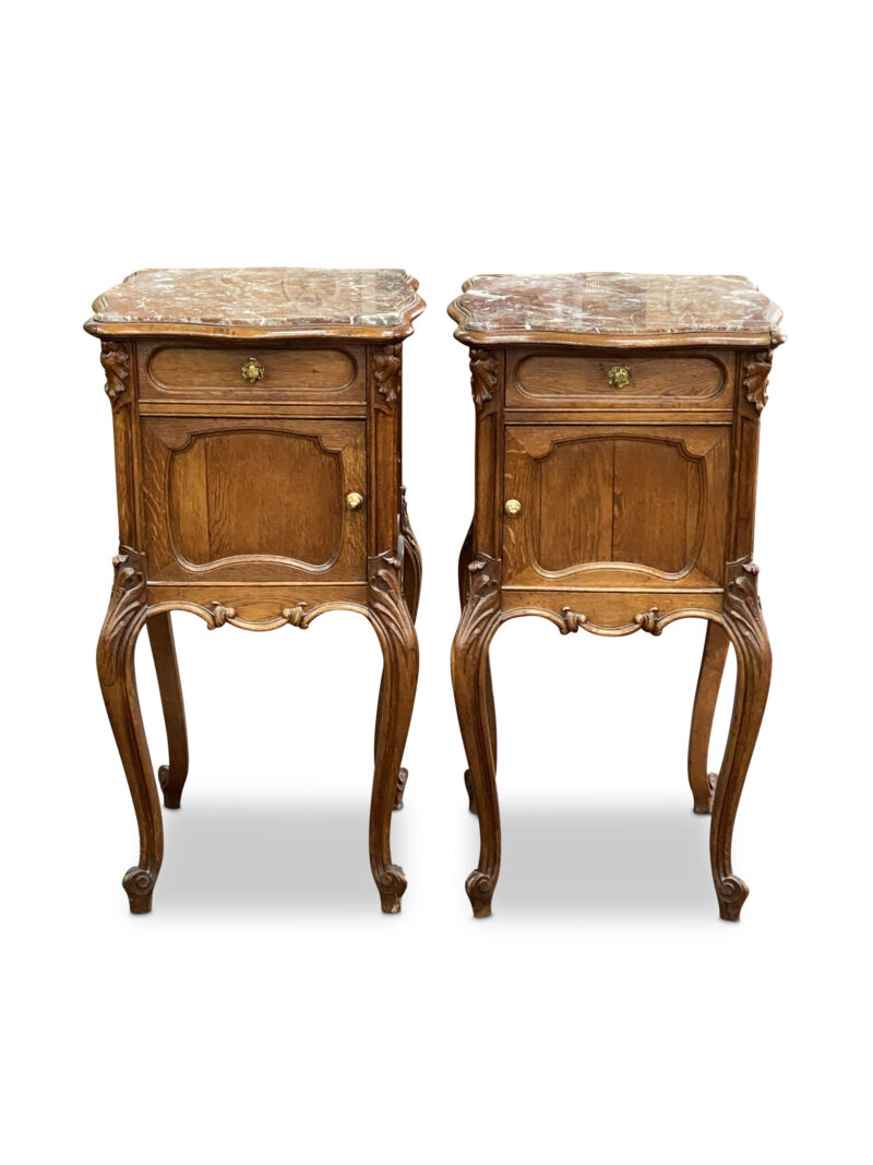 7275 Pair of French Louis XV Style Oak Marble Top Bedside Cabinets with Single Drawer c.19002 scaled 1