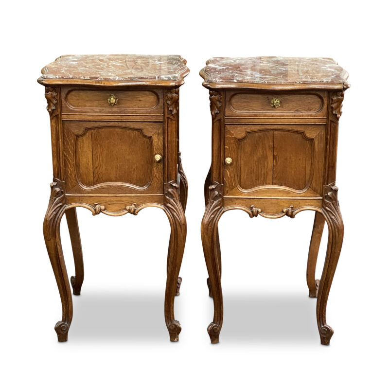 Pair of French Louis XV-Style Oak Marble Top Bedside Cabinets, c.1900