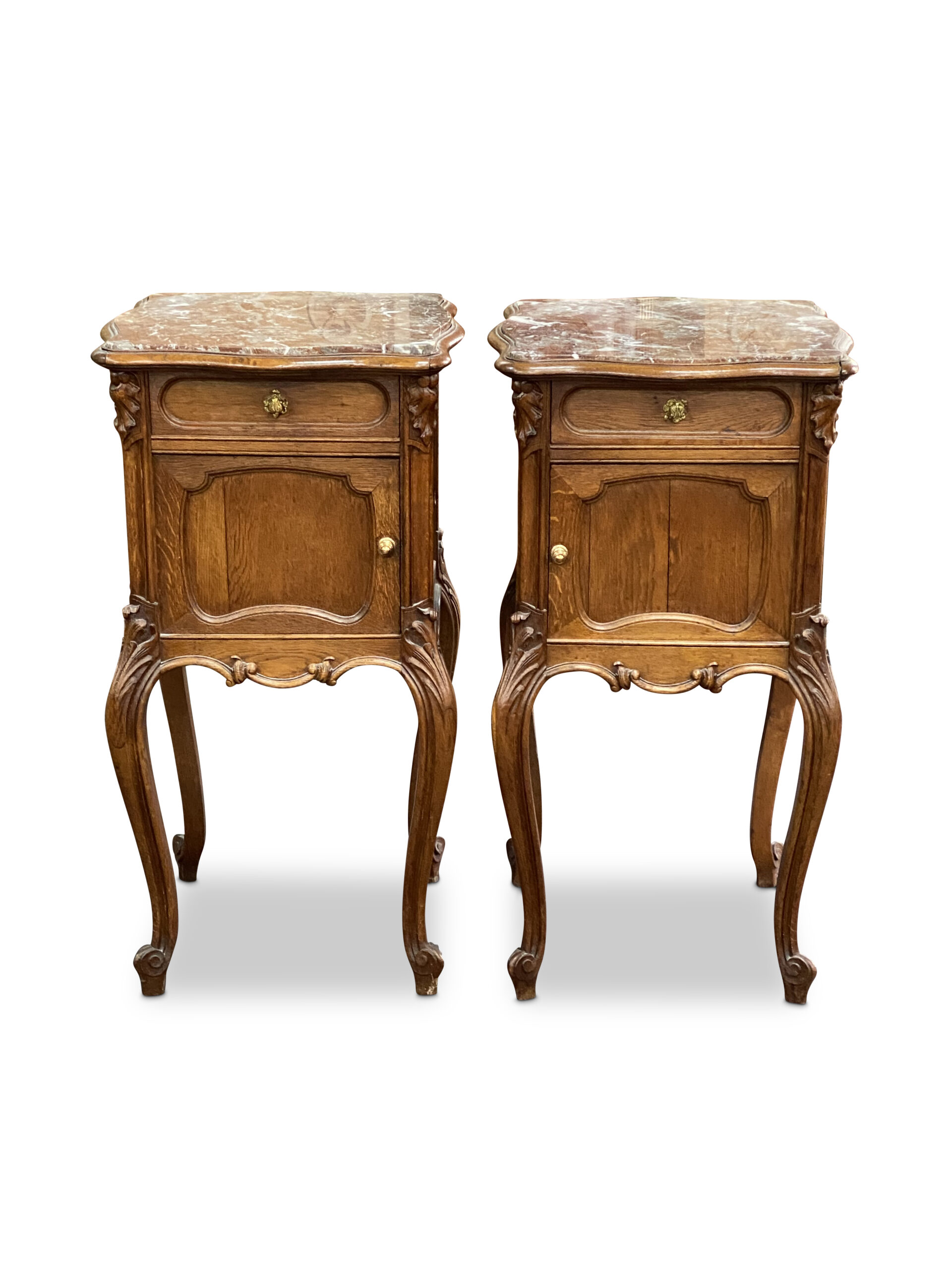 7275 Pair of French Louis XV Style Oak Marble Top Bedside Cabinets with Single Drawer c.19002 scaled 1
