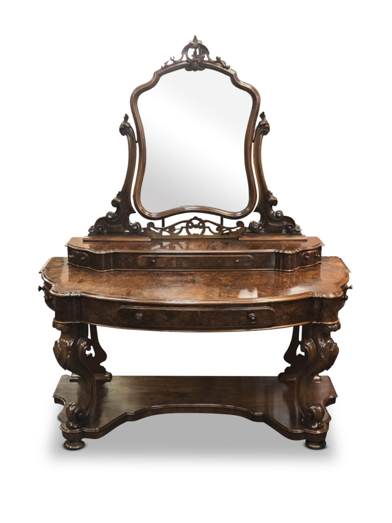 7533 Victorian Burr Walnut Bow Fronted Dressing Table c1860 scaled