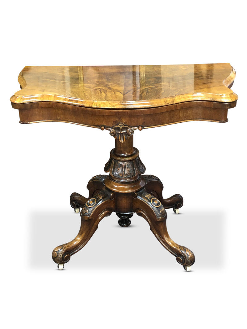 Victorian Burr Walnut Serpentine Fold-Over Card Table, c.1870