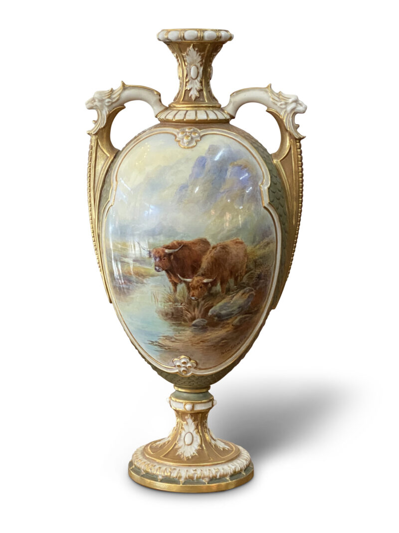 Royal Worcester Vase, Handpainted with Scottish Highland Cattle signed John Stinton, c.1912.
