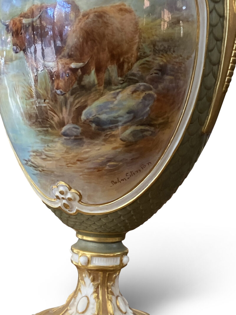 Royal Worcester Vase, Handpainted with Scottish Highland Cattle signed John Stinton, c.1912.