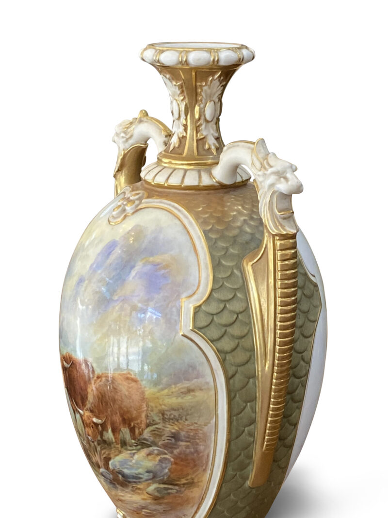 Royal Worcester Vase, Handpainted with Scottish Highland Cattle signed John Stinton, c.1912.