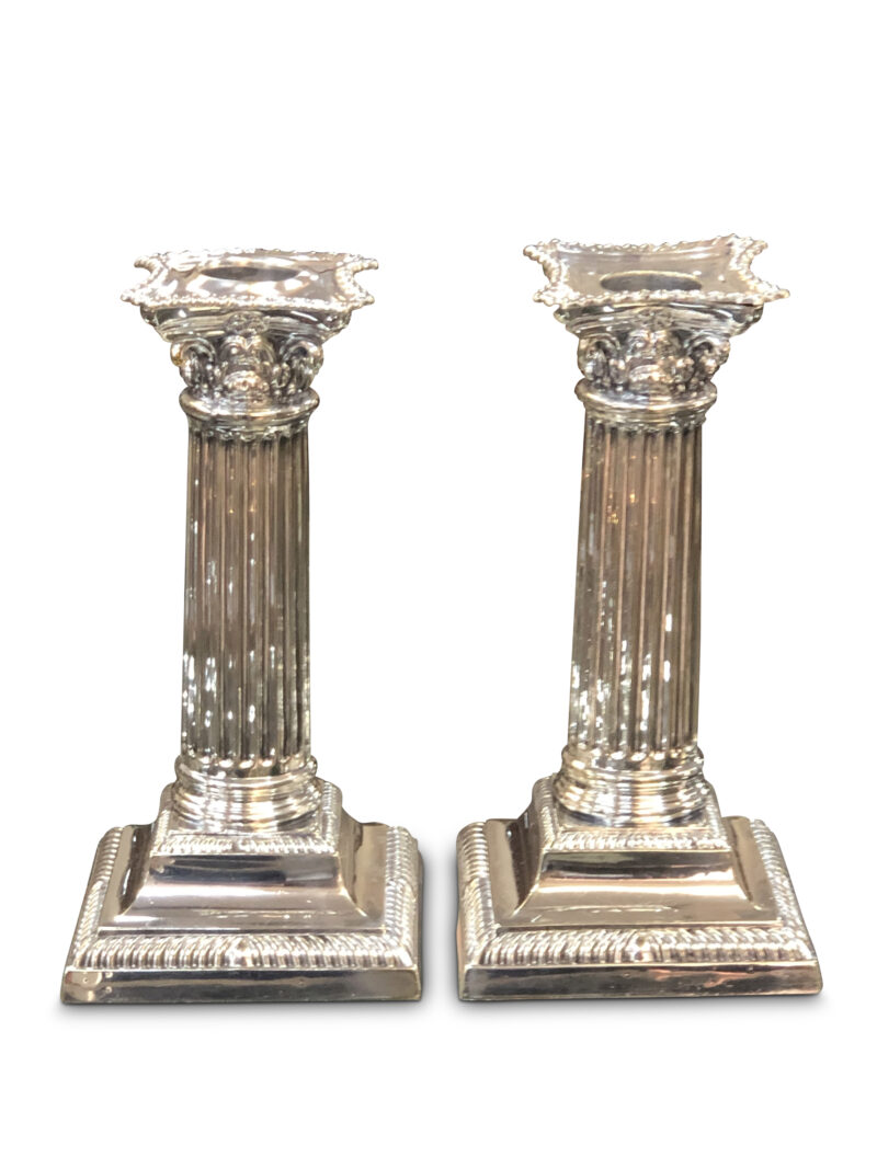 AAA146 Pair of Sheffield Plate Corinthian Candlesticks scaled