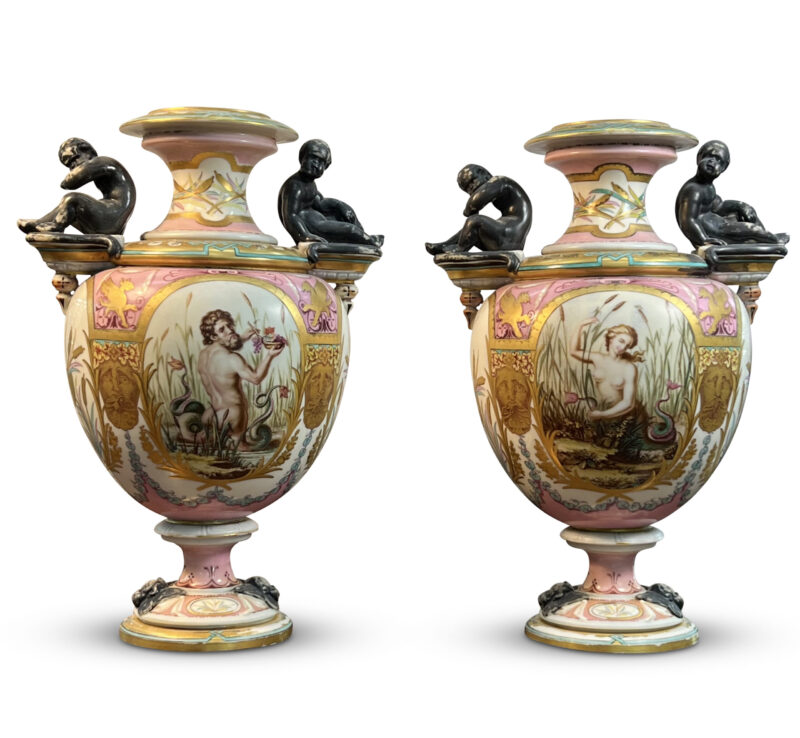 Matching Pair Royal Worcester Vases with Putto Handles