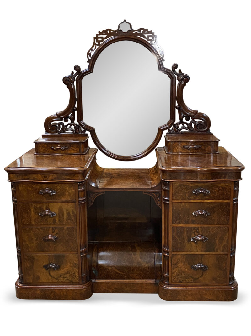 Finest Quality 19th Century English Burr Walnut Pedestal Dressing Table, c.1860