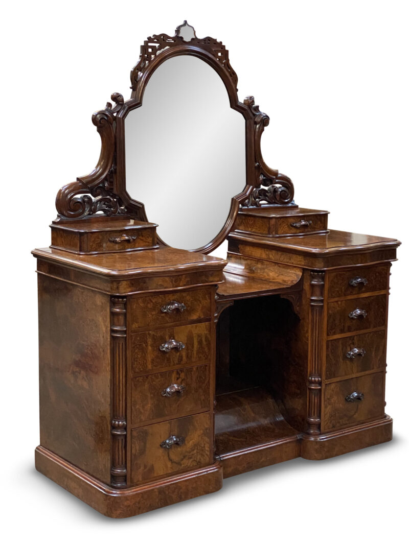 Finest Quality 19th Century English Burr Walnut Pedestal Dressing Table, c.1860