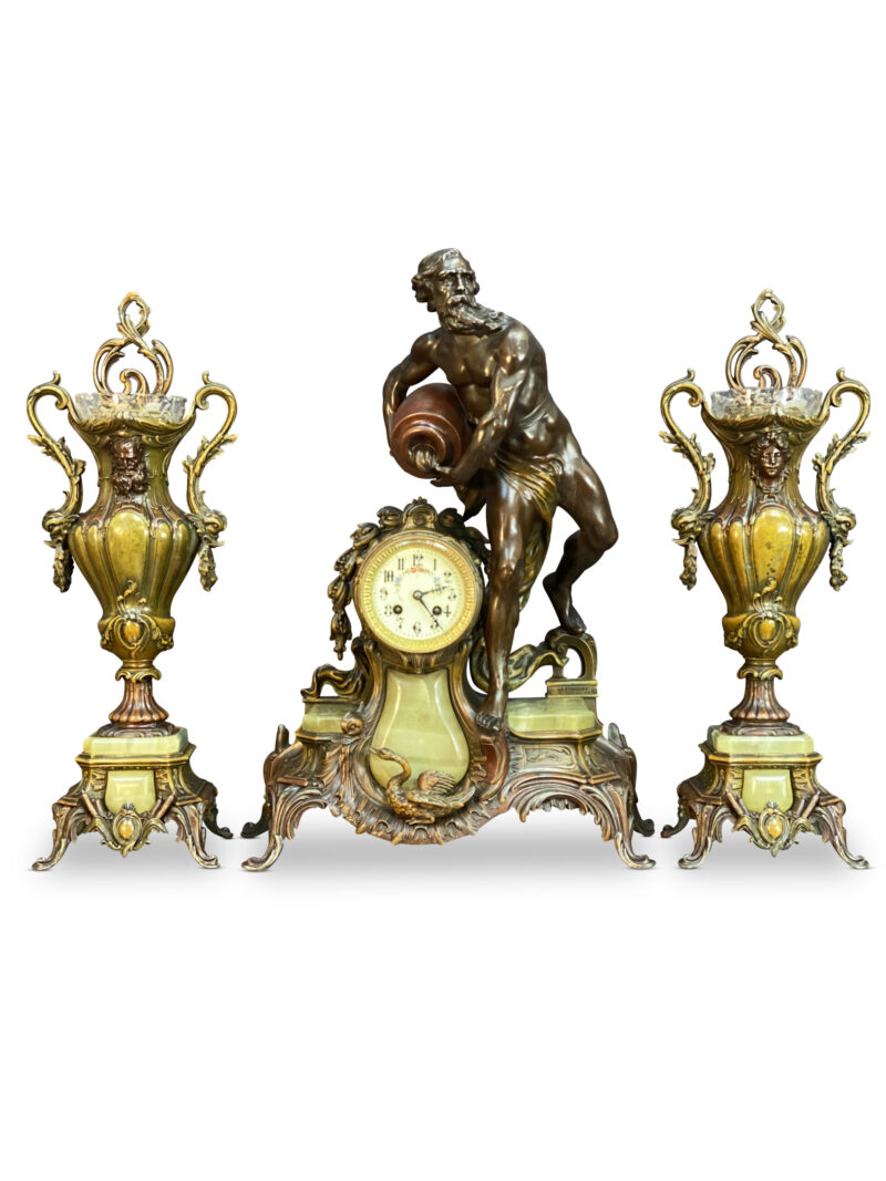 Art Nouveau 3 Piece Bronzed Mantle Clock Set, c.1904
