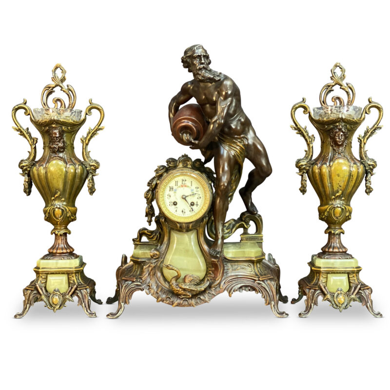 Art Nouveau 3 Piece Bronzed Mantle Clock Set, c.1904