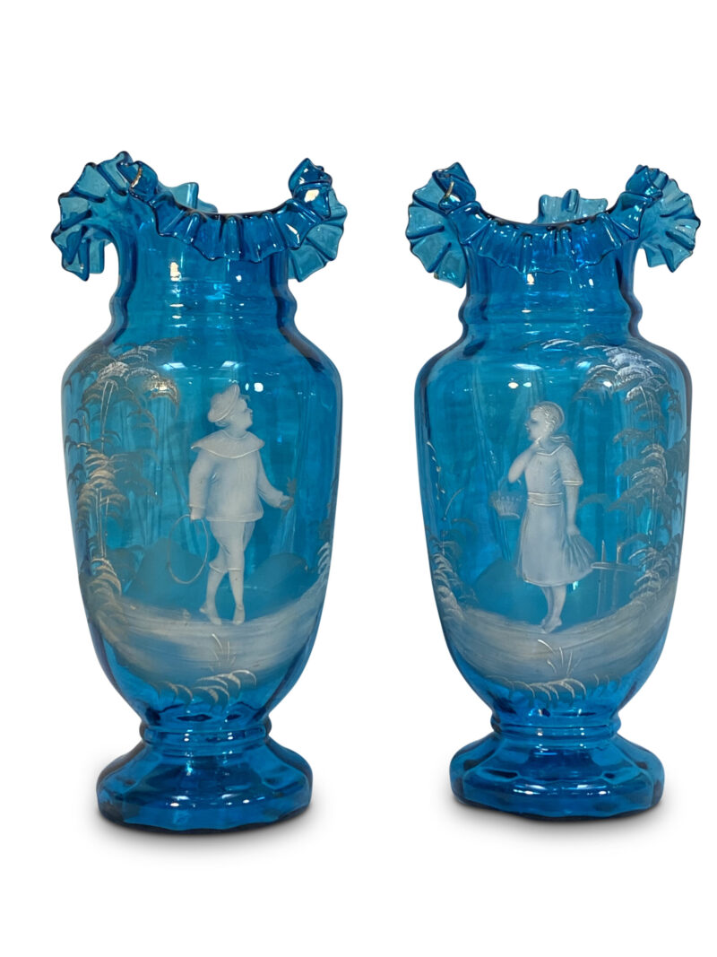 Large Pair Blue Mary Gregory Boy & Girl Vases, c.1880