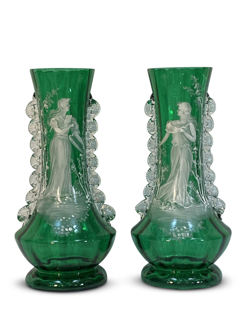 Pair Victorian Green Mary Gregory Vases, Classical Female Figures, c.1880