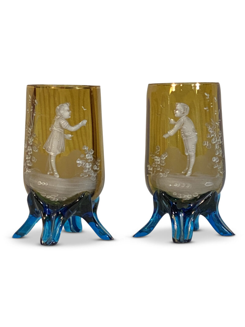 Pair Victorian Citrine Mary Gregory Glass Vase, Blue Glass Feet, c.1880