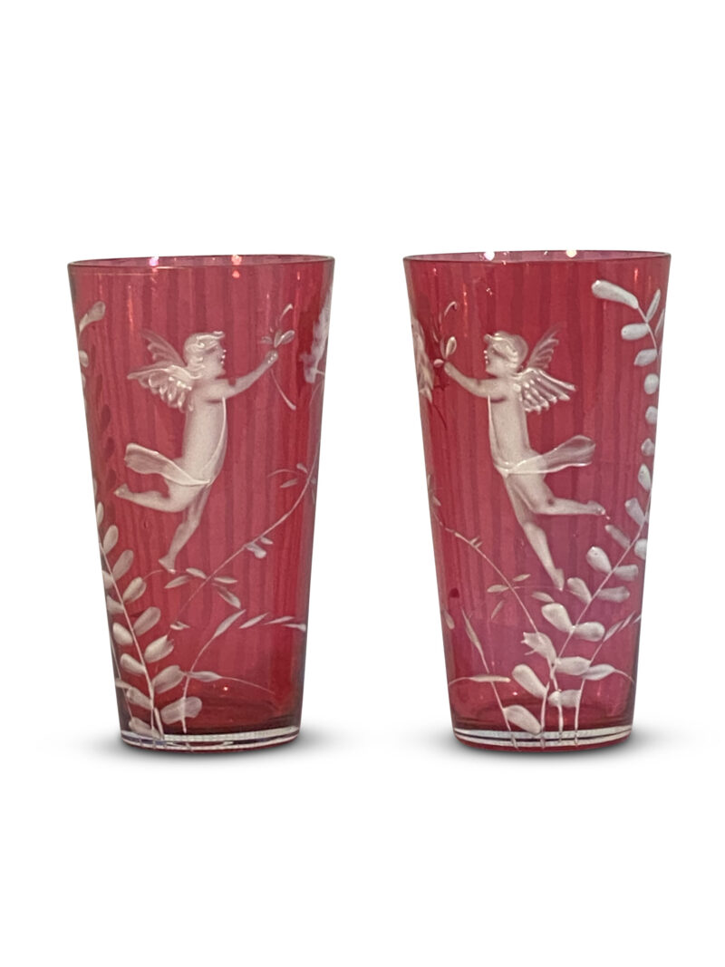 Pair of Victorian Mary Gregory Tumblers with Cupids, c.1880