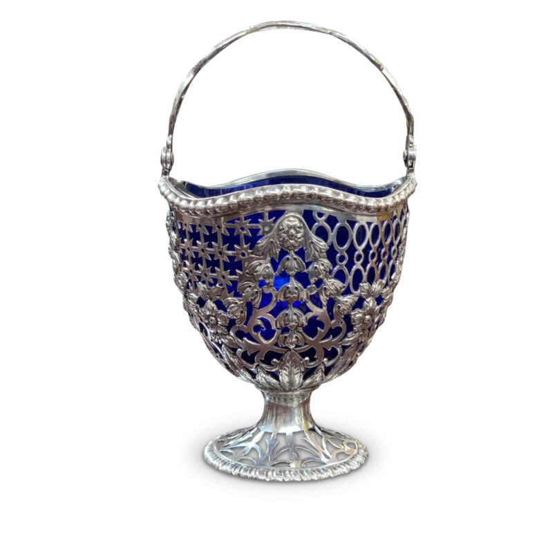 English Sterling Silver BonBon Basket with Bristol Blue Glass Liner, c.1903