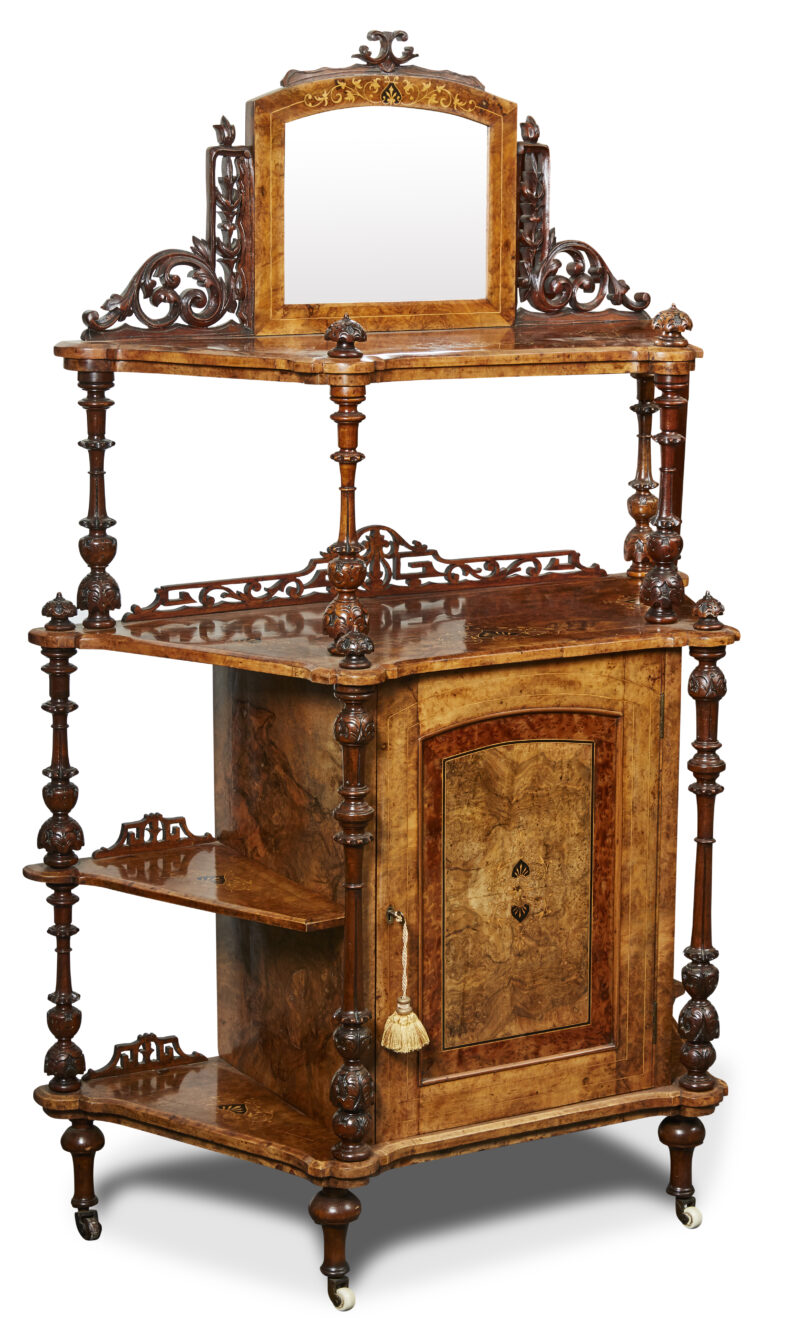 Victorian Burr Walnut Single Door What-Not, c.1870