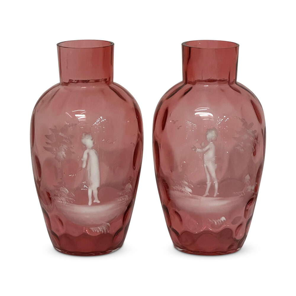 Pair English Ruby Mary Gregory Vases, c.1880