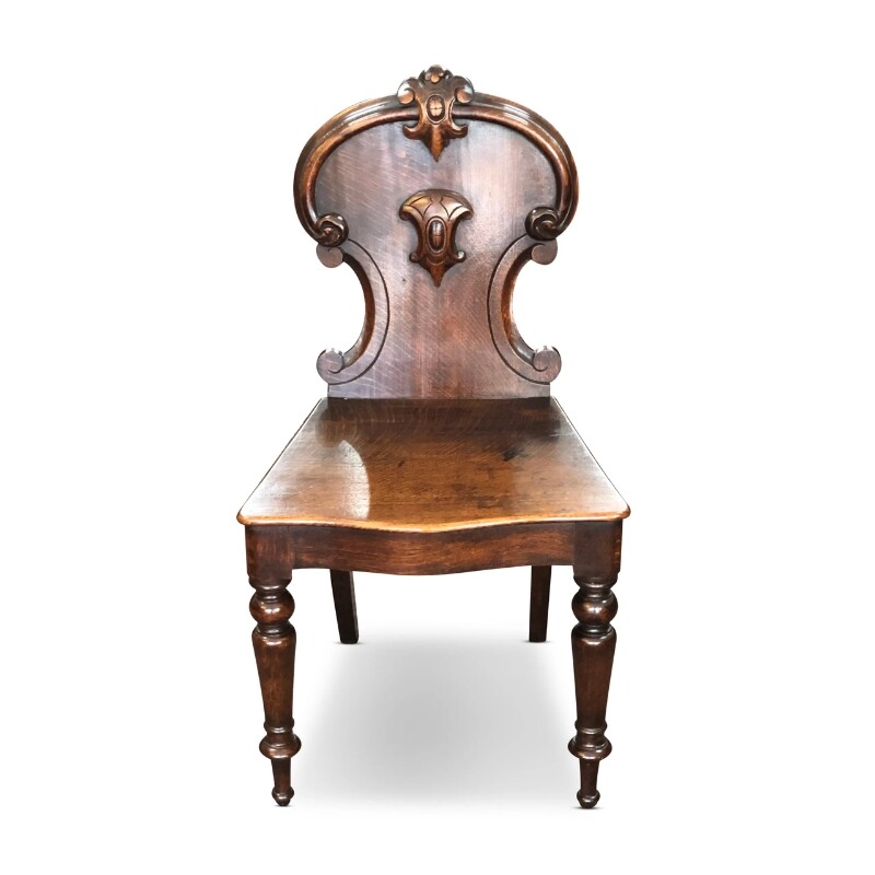 Victorian Oak Hall Chair with Scroll Back, c.1870