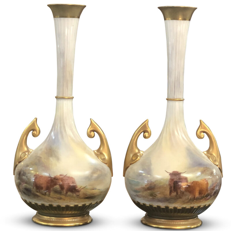 Beautiful Pair of Royal Worcester Highland Cattle Vases signed H. Stinton, c. 1911