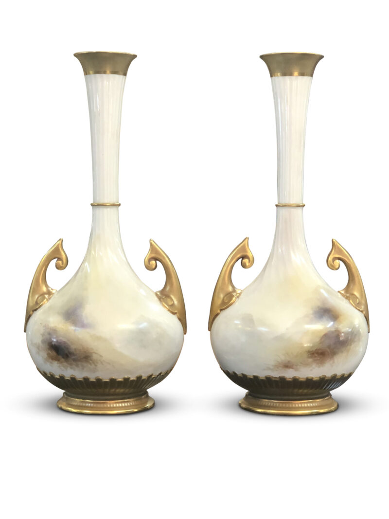 Beautiful Pair of Royal Worcester Highland Cattle Vases signed H. Stinton, c. 1911