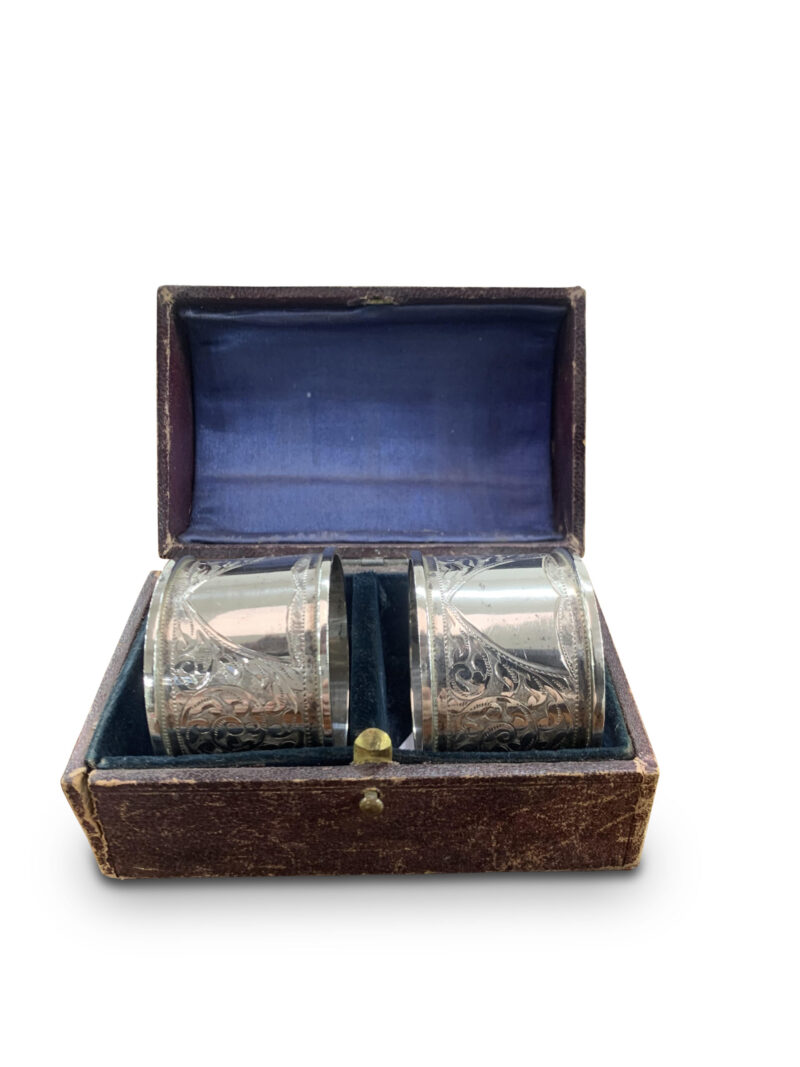 Beautiful Pair Sterling Silver Serviette Rings In Box, c.1907