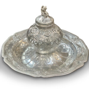 English Sterling Silver Round Inkwell on Dish, c.1876