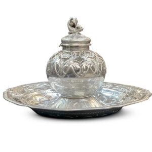 English Sterling Silver Round Inkwell on Dish, c.1876