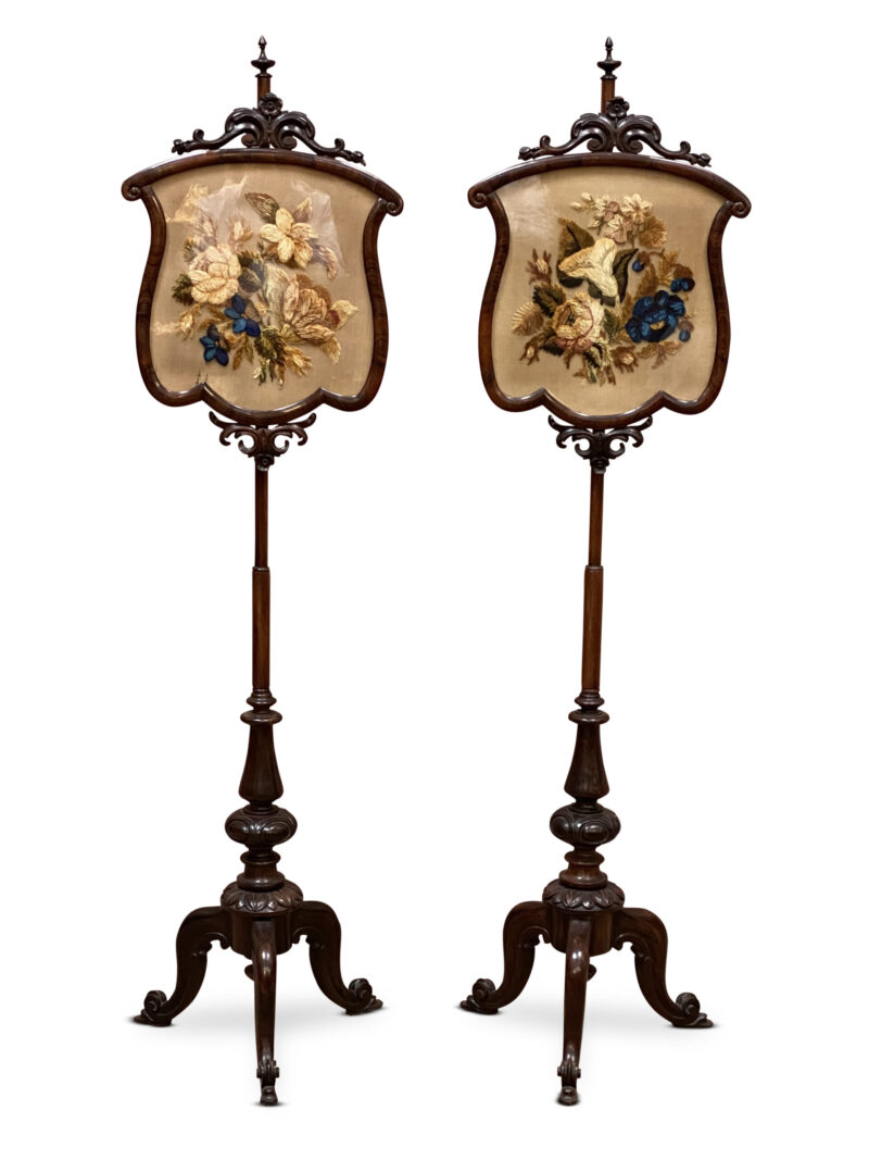 Rare Pair English 19th-Century Rosewood Pole Screens, c.1870