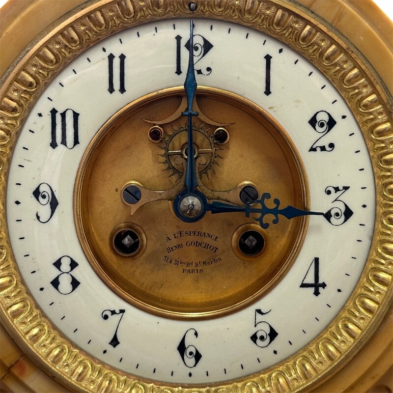 Clock face of A L'Esperance Henri Godchat Sienna Marble garniture clock