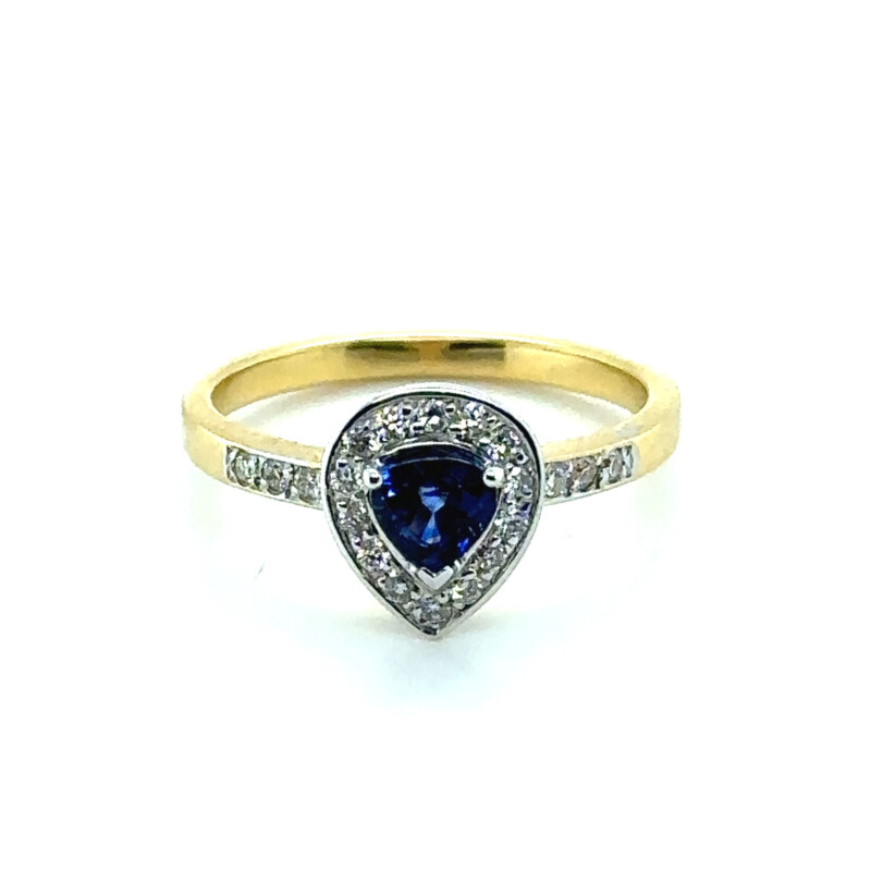 sapphire and diamond pear shaped ring in 9ct yellow gold
