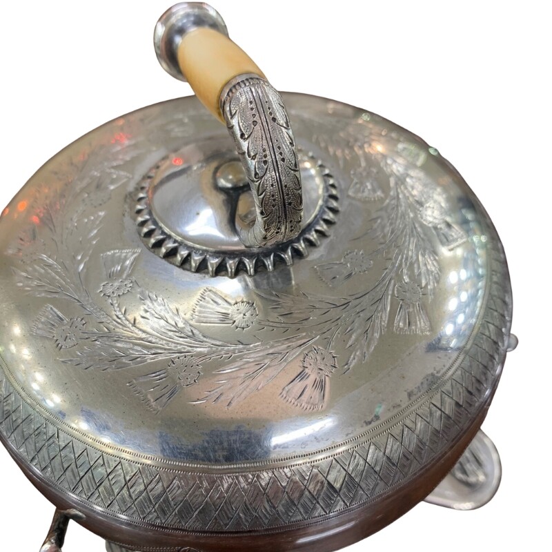 top etched detail for Victorian silver plated curling stone biscuit box