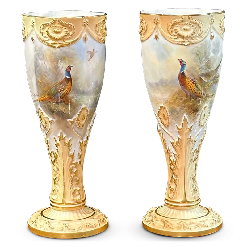 Royal Worcester hand painted vases with pheasants and gold detailing