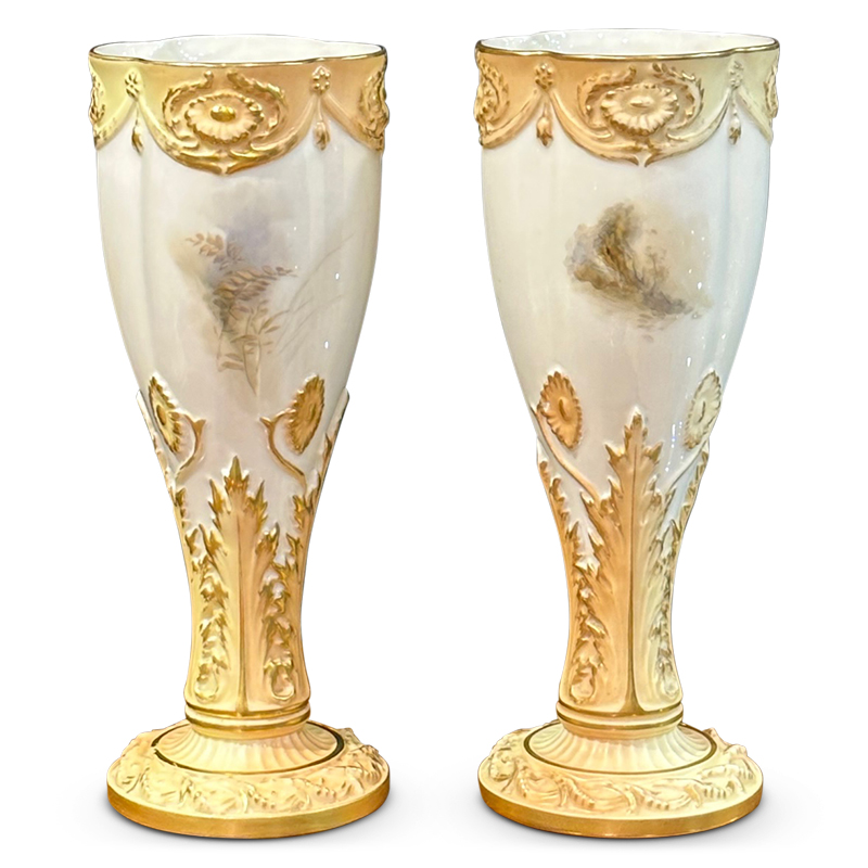 Rear of Royal Worcester hand painted vases with pheasants and gold detailing