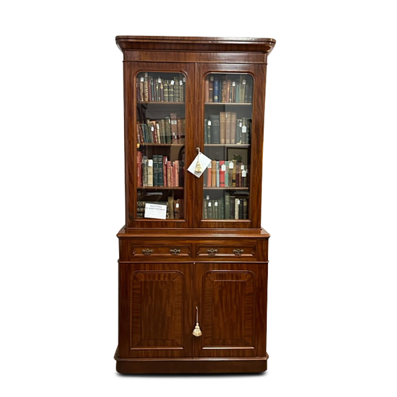 Victorian mahogany two door glass bookcase with bevelled panelled doors and original glass and handles