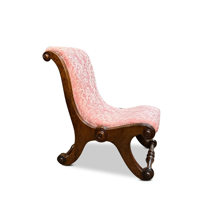 Victorian walnut slipper chair c. 1870 with pink brocade upholstery