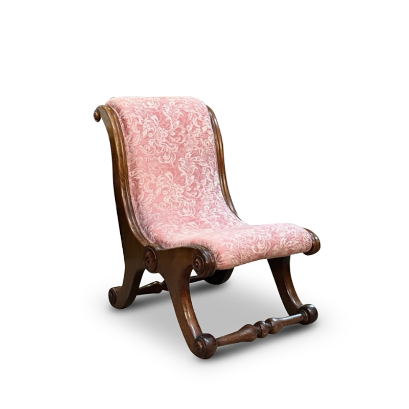 Victorian walnut slipper chair c. 1870 with pink brocade upholstery