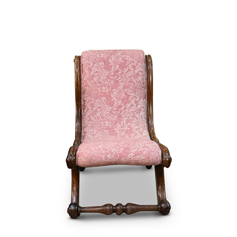Victorian walnut slipper chair c. 1870 with pink brocade upholstery