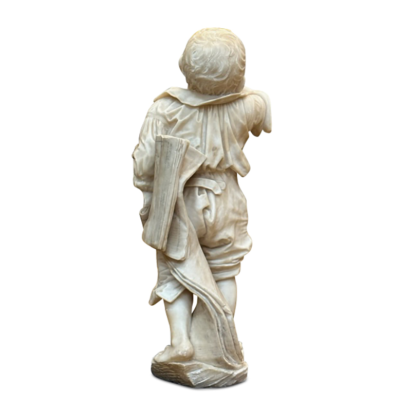 "The Herald Boy" carved Italian marble statue of a boy selling newspapers
