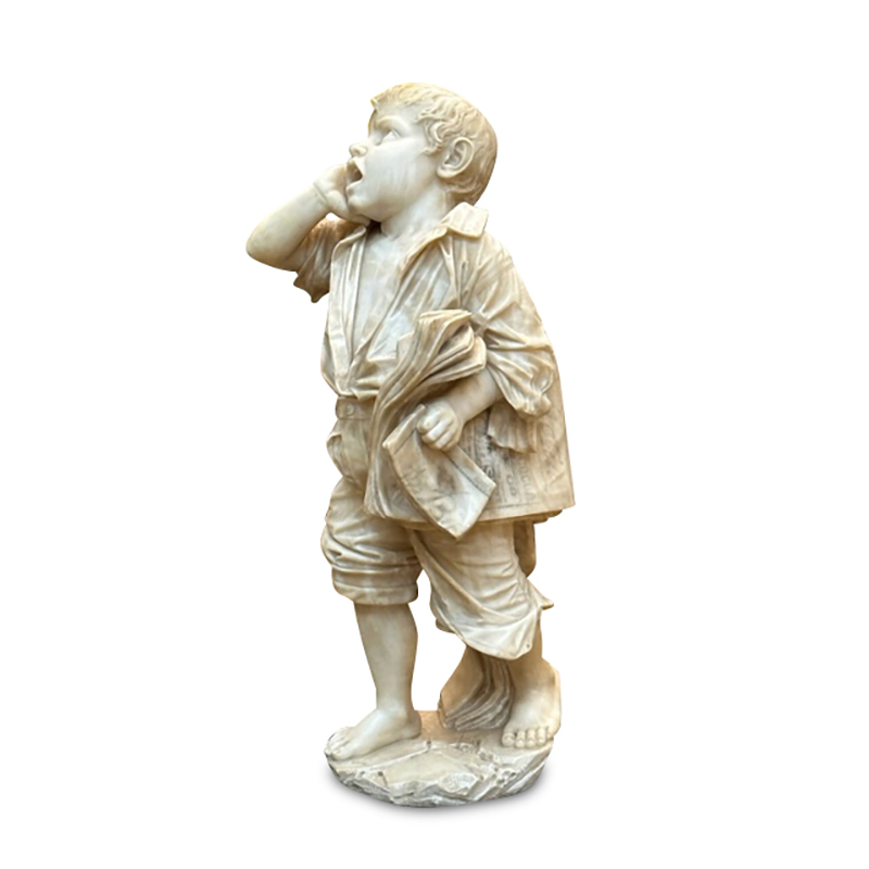 "The Herald Boy" carved Italian marble statue of a boy selling newspapers