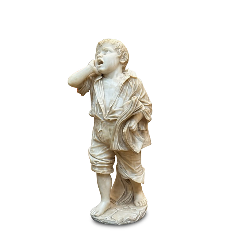 "The Herald Boy" carved Italian marble statue of a boy selling newspapers