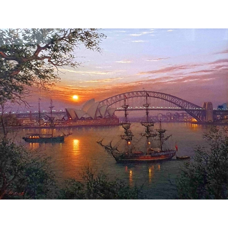 Evening Lights from Farm Cove painting of Sydney harbour with bridge and tall ships at sunset