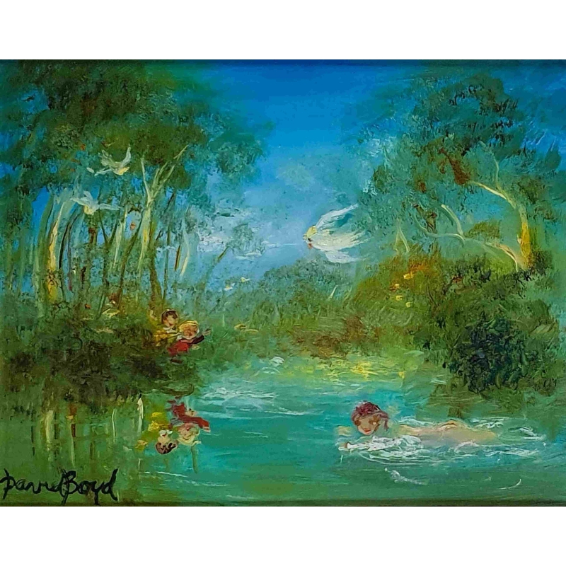 Painting depicting children playing in a pond with blues and greens