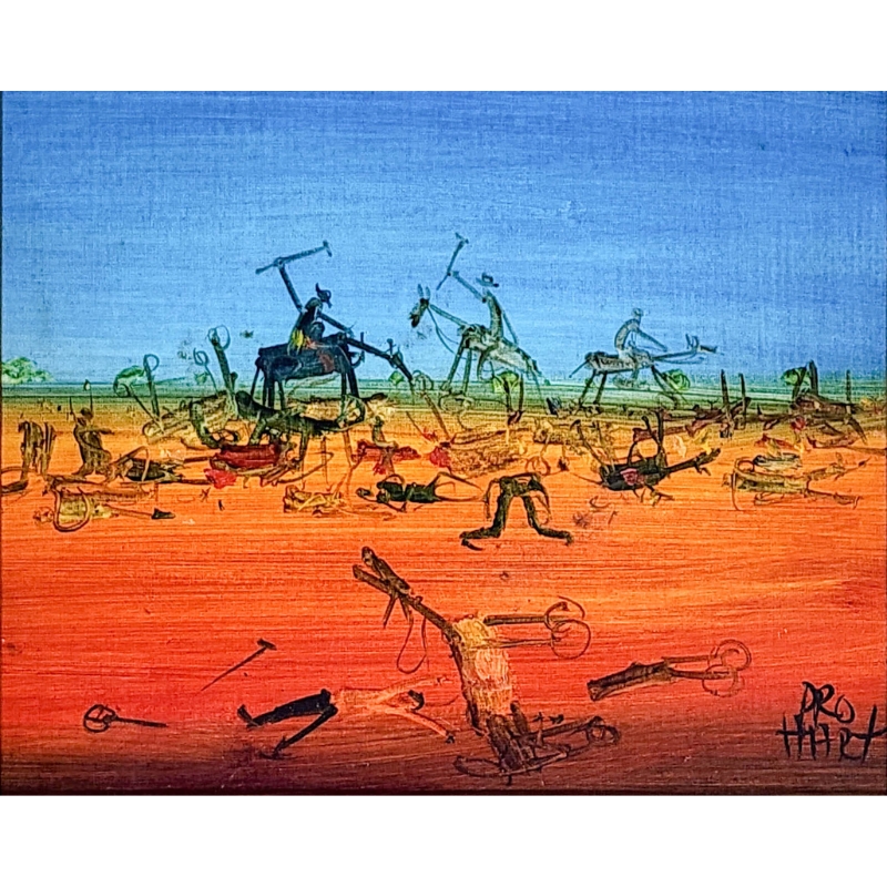 Geebung Polo Match painting by Pro Hart features horses and riders playing polo in the outback